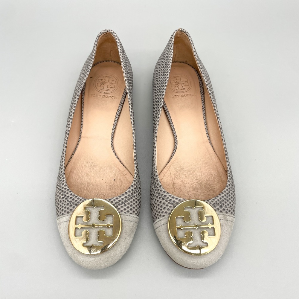 Tory Burch Serena Womens 7M Grey Snake Print Leather Ballet Flats Logo Preppy - Picture 1 of 12